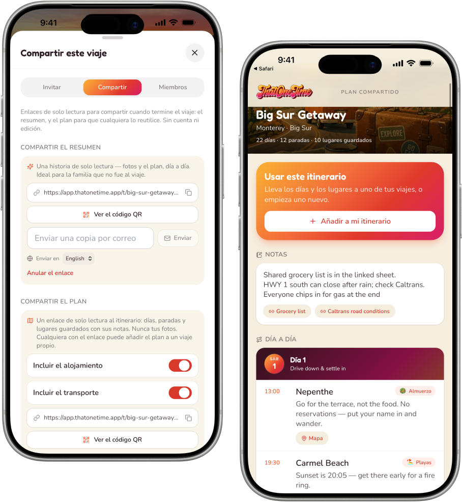 Un itinerario compartido tal y como lo ve un amigo — los días, las paradas y los lugares guardados, con un botón para empezar su propio viaje