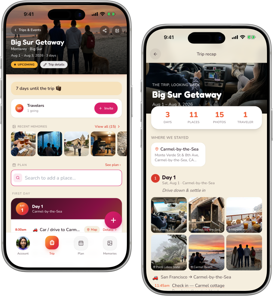 Two phones showing a ThatOneTime trip — the day's plan in light mode and the trip overview in dark mode