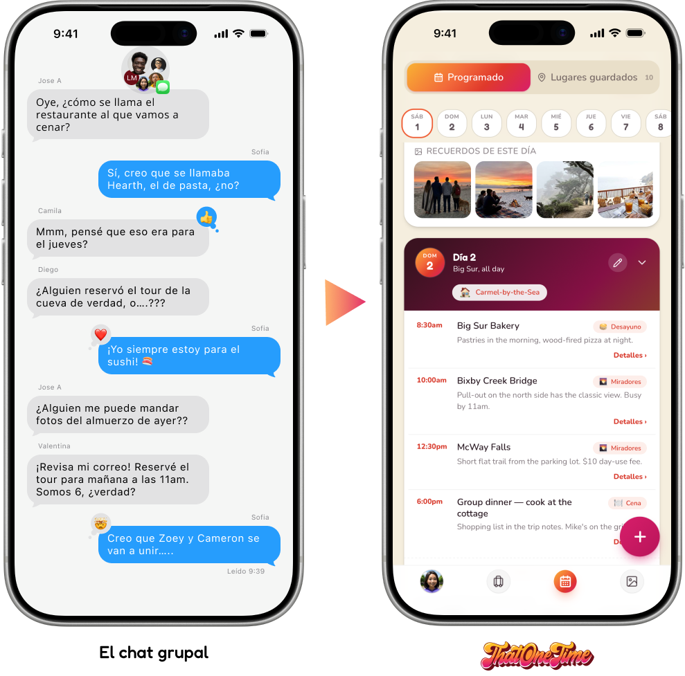 Antes: un chat de grupo familiar caótico, lleno de preguntas sin responder. Después: un único plan de ThatOneTime, ordenado y compartido, que todo el mundo puede ver.
